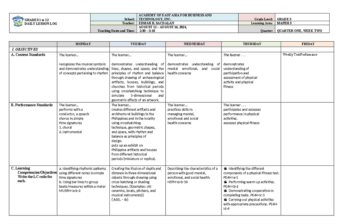 Mapeh WEEK 2 Q1 - dll - GRADES 1 to 12 DAILY LESSON LOG School ...