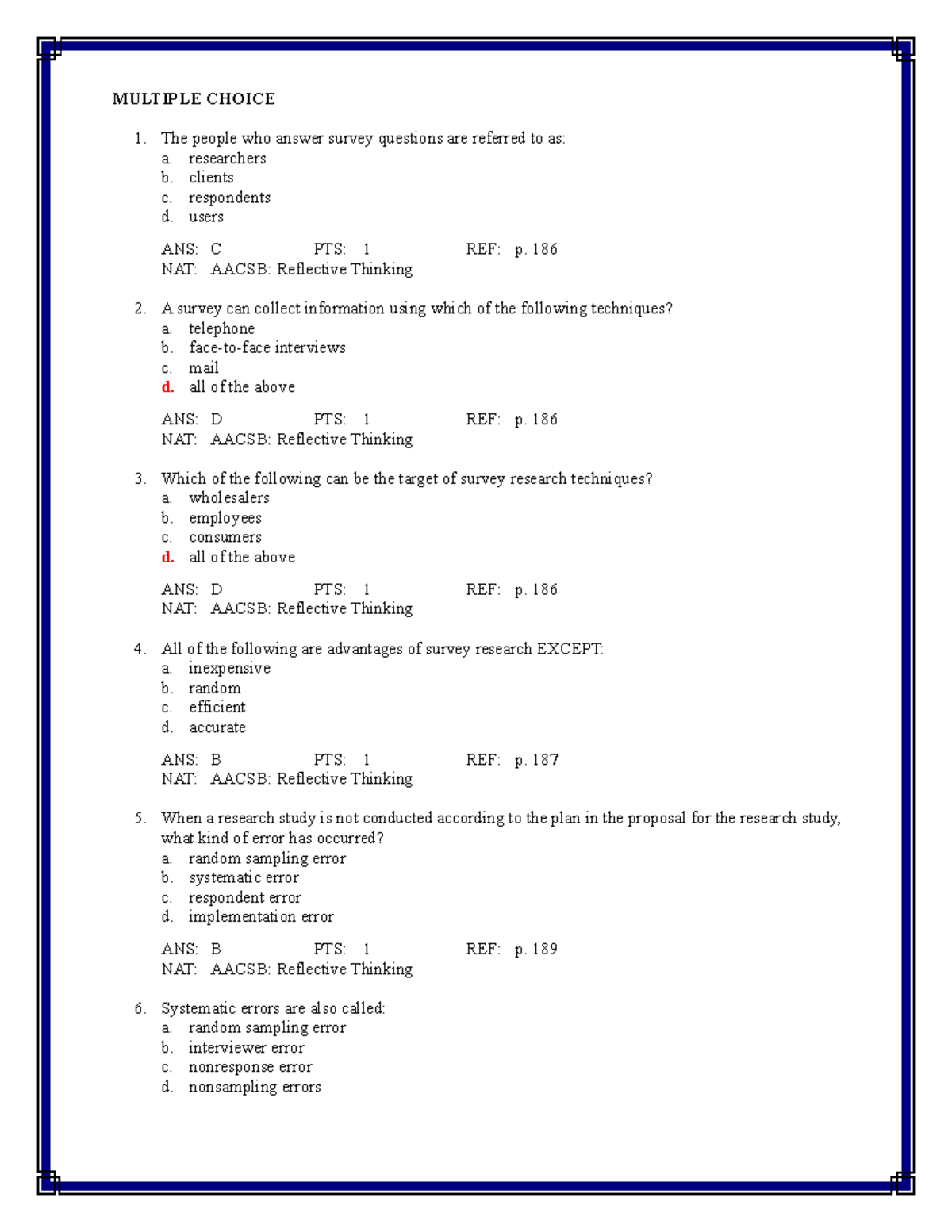 Chapter 9—Survey Research An Overview-MCQ - MULTIPLE CHOICE The people ...