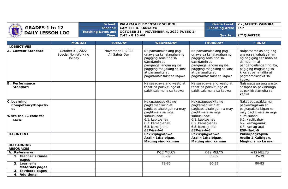 DLL ESP 2 Q2 W1 - LESSON PLAN - GRADES 1 To 12 DAILY LESSON LOG School ...