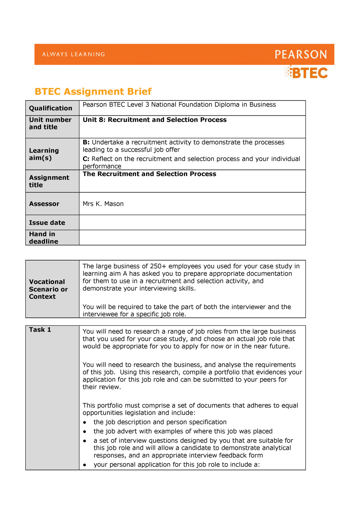 business btec unit 8 assignment 2