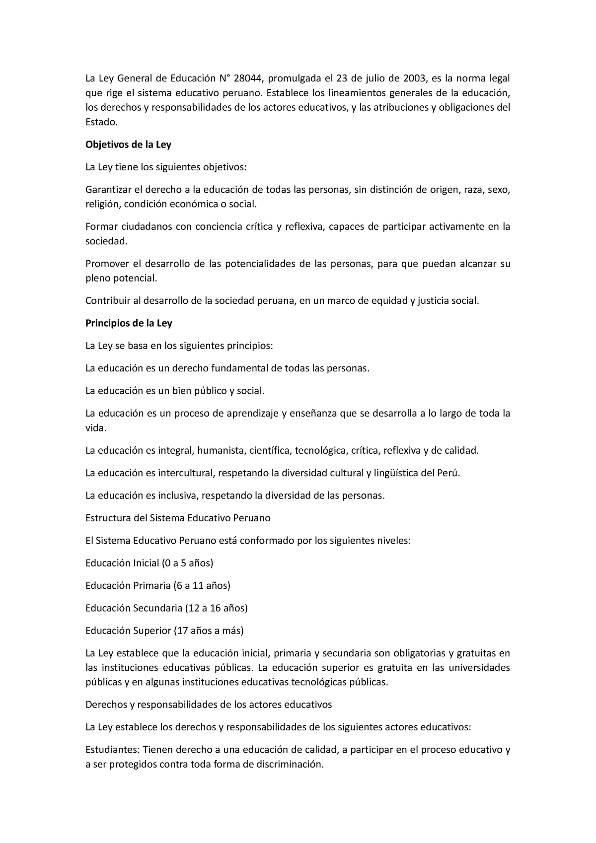 La Ley General De Educación N - La Ley General De Educación N° 28044 ...