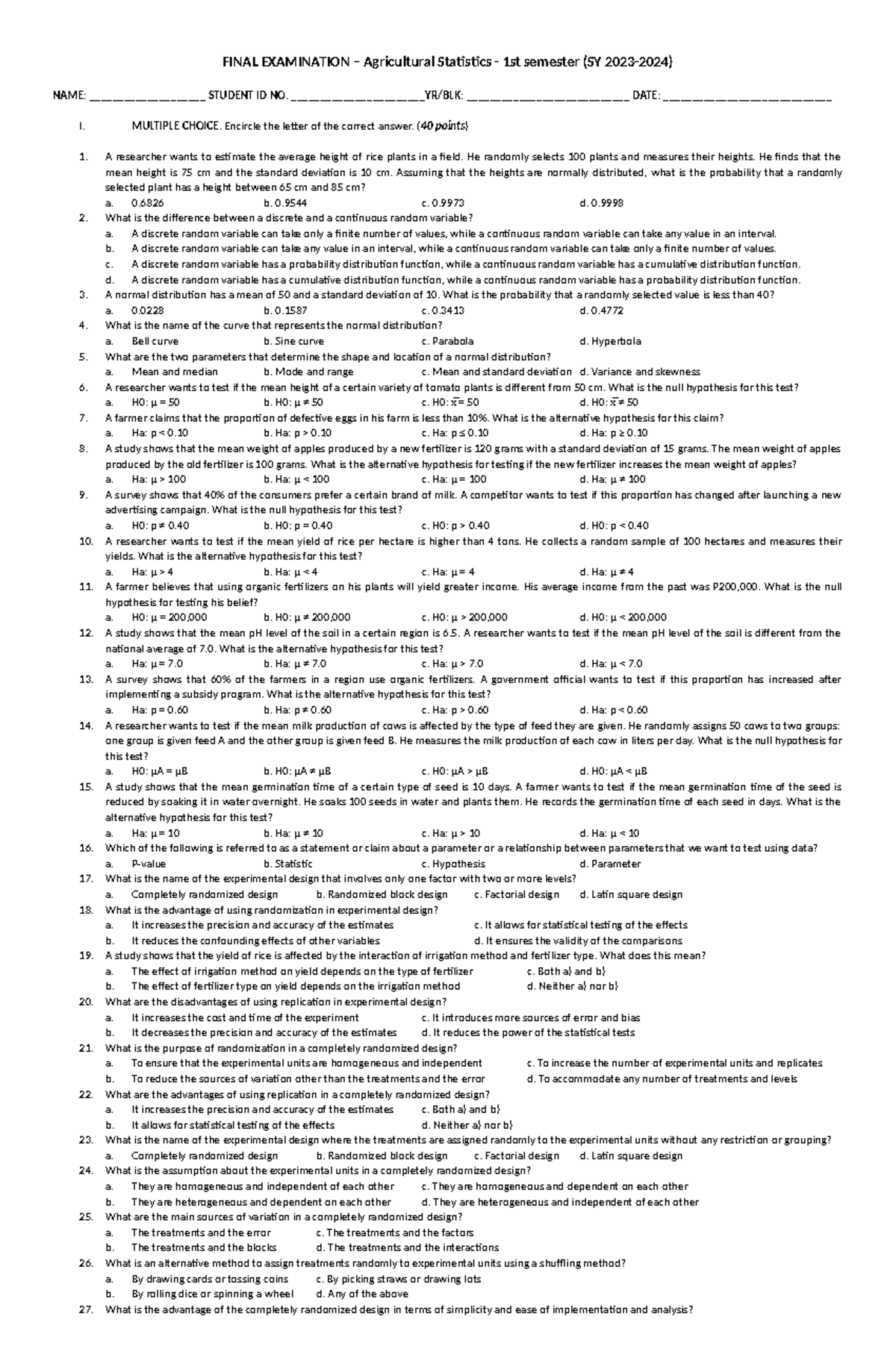 Print - Examination - FINAL EXAMINATION – Agricultural Statistics - 1st ...