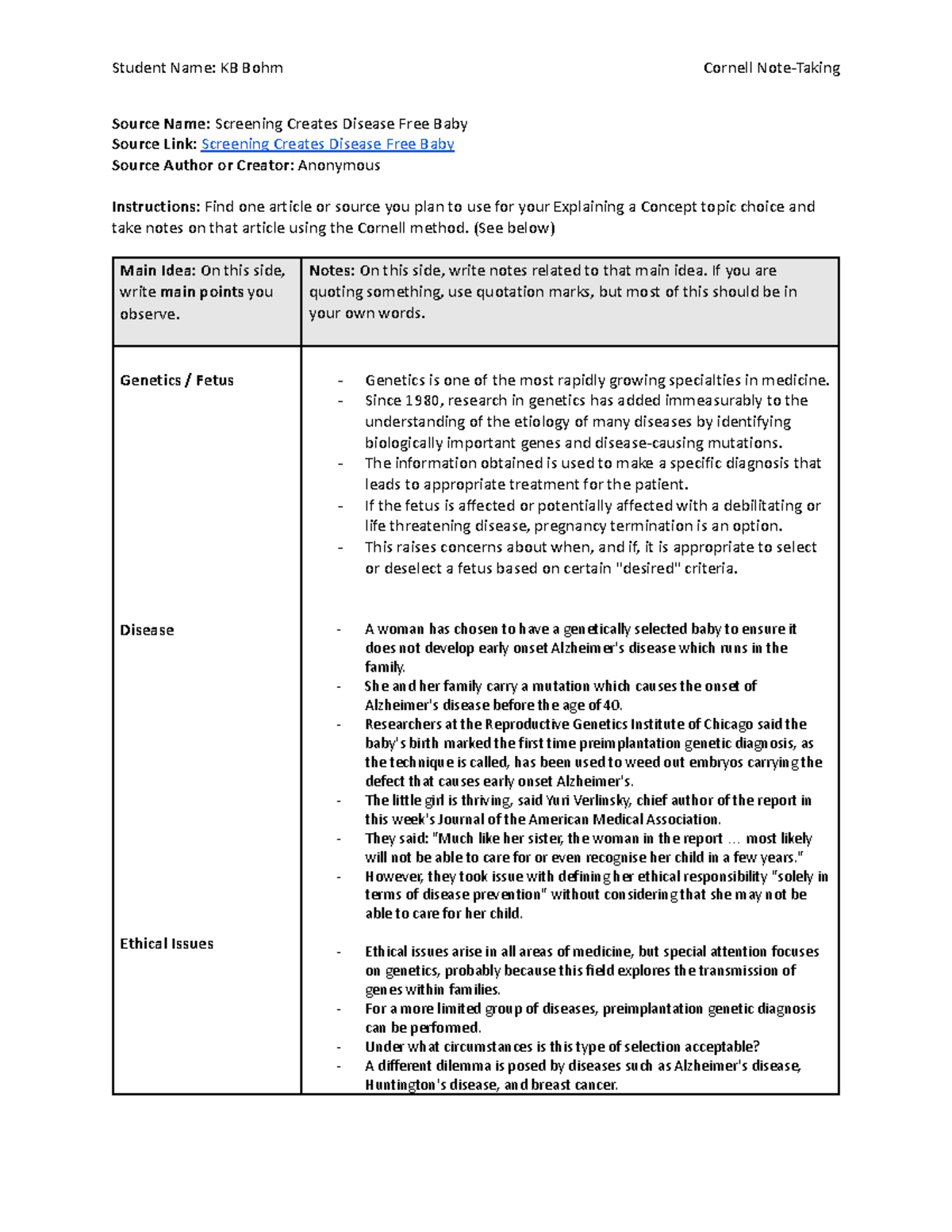 Cornell Note-Taking 1 - notes taking - Student Name: KB Bohm Cornell ...