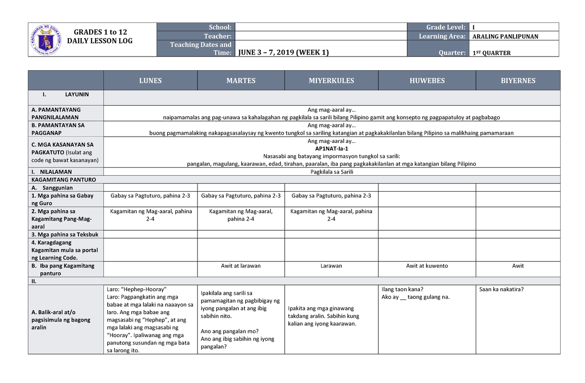 DLL Araling Panlipunan 1 Q1 W1 - GRADES 1 To 12 DAILY LESSON LOG School ...