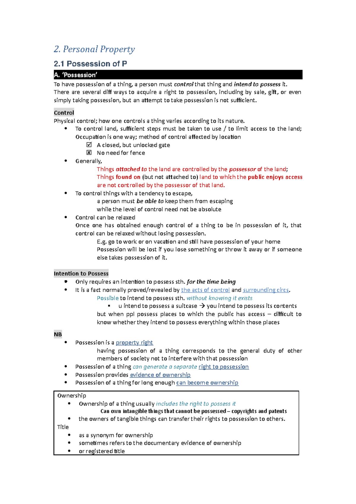 LAWS50030 Property law Exam notes (hypo + essay) 2. Personal Property