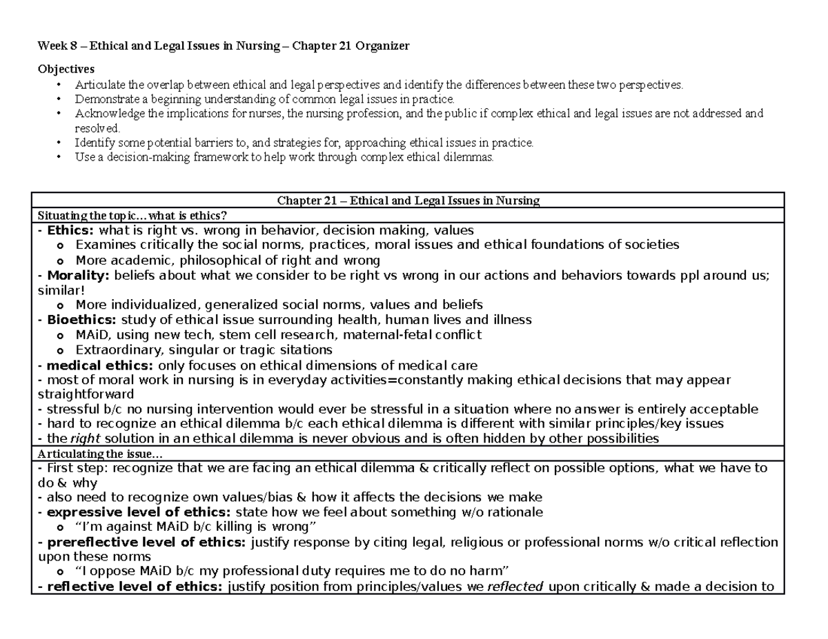 Week 8 Organizer - reading notes - Week 8 – Ethical and Legal Issues in ...