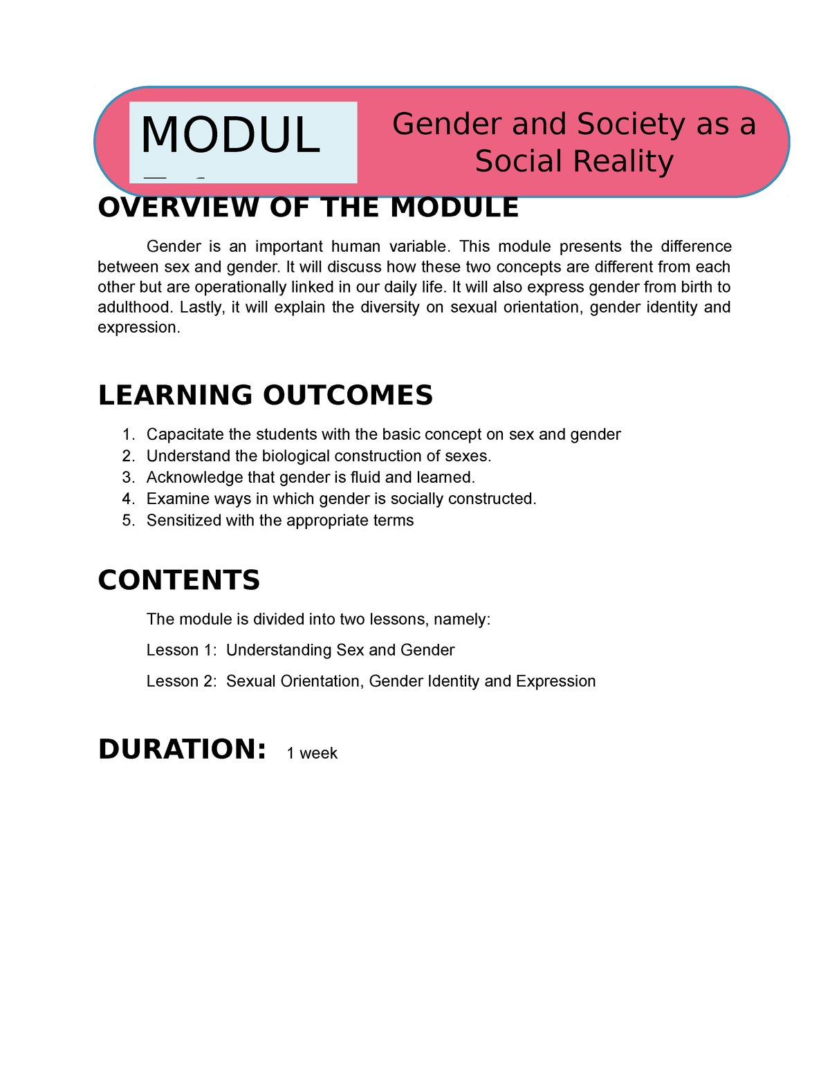 GE GS Module 1 Lesson 1: Gender As A Social Reality - OVERVIEW OF THE ...