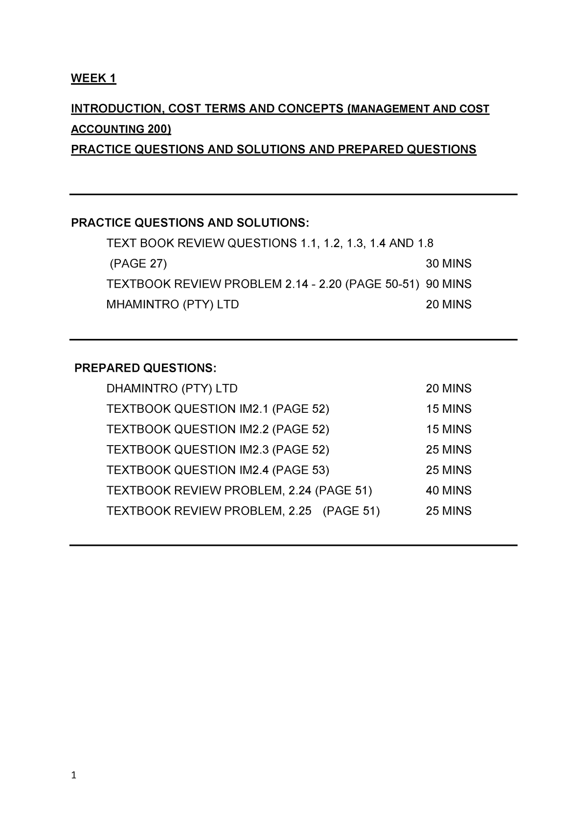 Pactic~1 - WEEK 1 INTRODUCTION, COST TERMS AND CONCEPTS ( MANAGEMENT ...