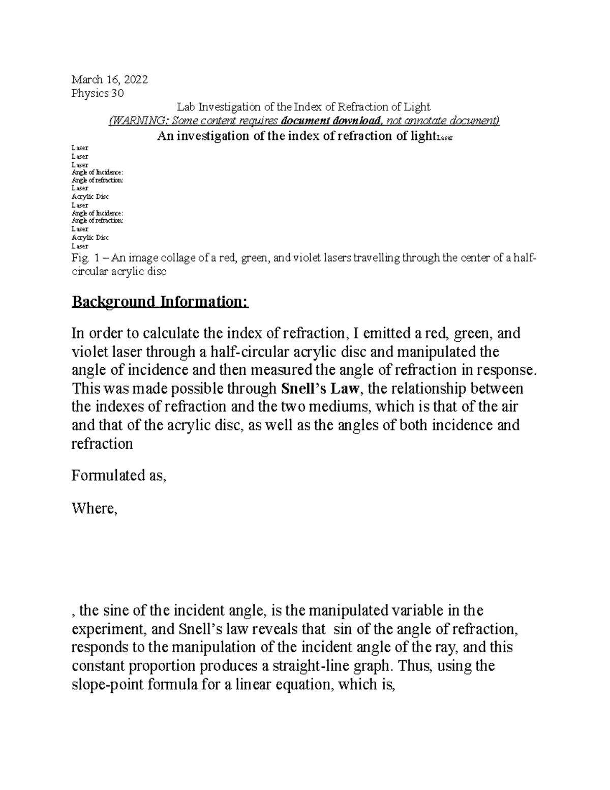 Index of Refraction Lab March 16, 2022 Physics 30 Lab Investigation