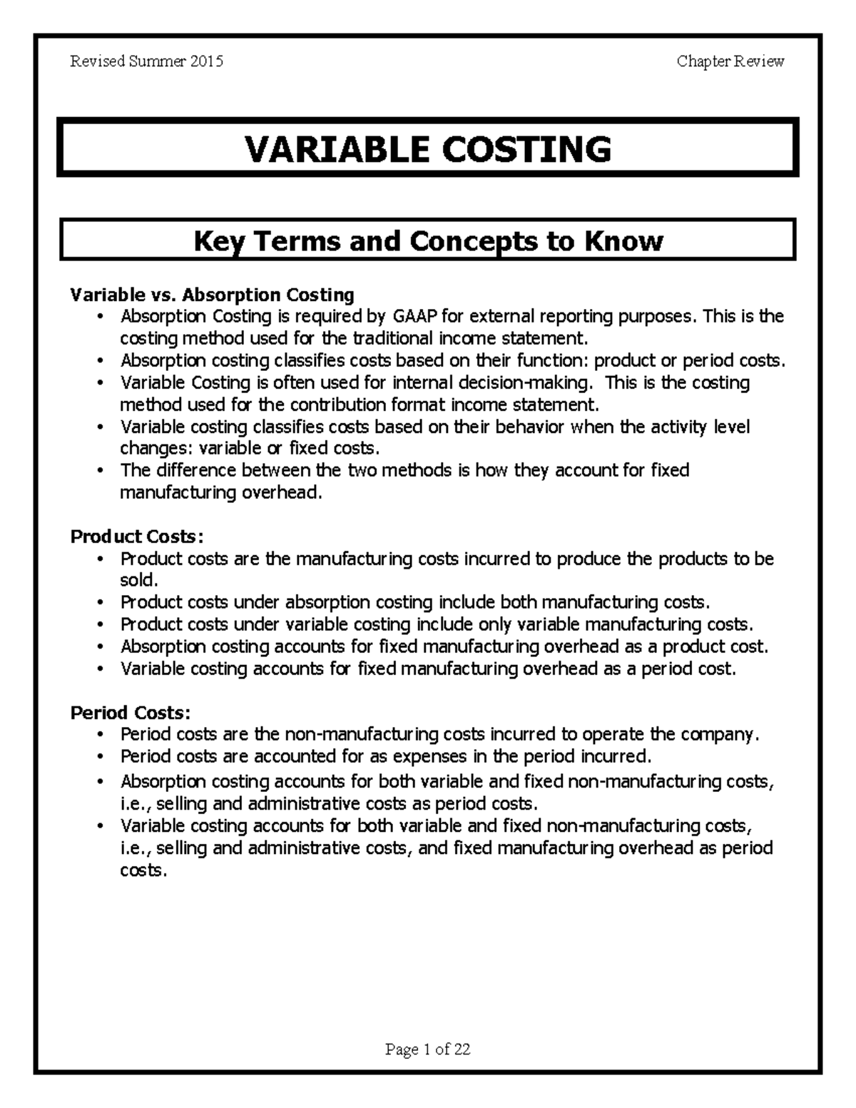Variable Costing - Its Lecture Notes - VARIABLE COSTING Key Terms and ...