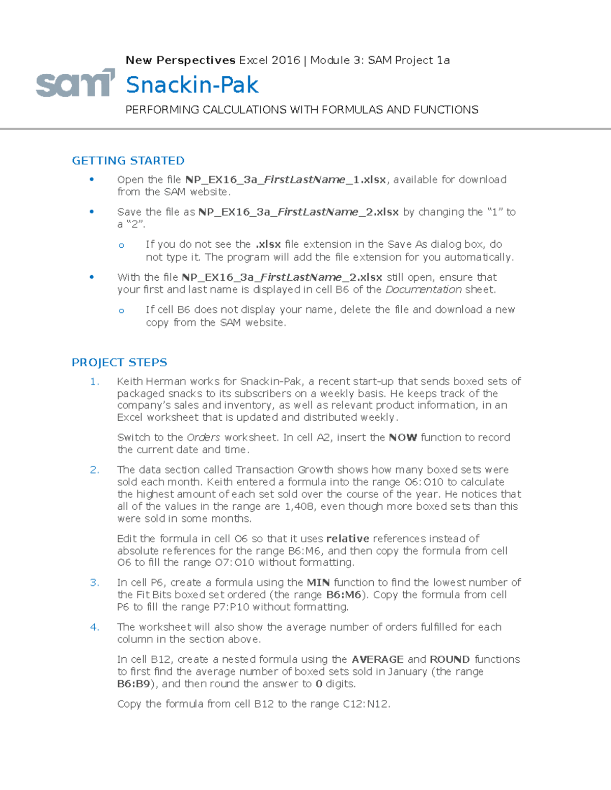 Instructions NP EX16 3a - Snackin-Pak PERFORMING CALCULATIONS WITH ...