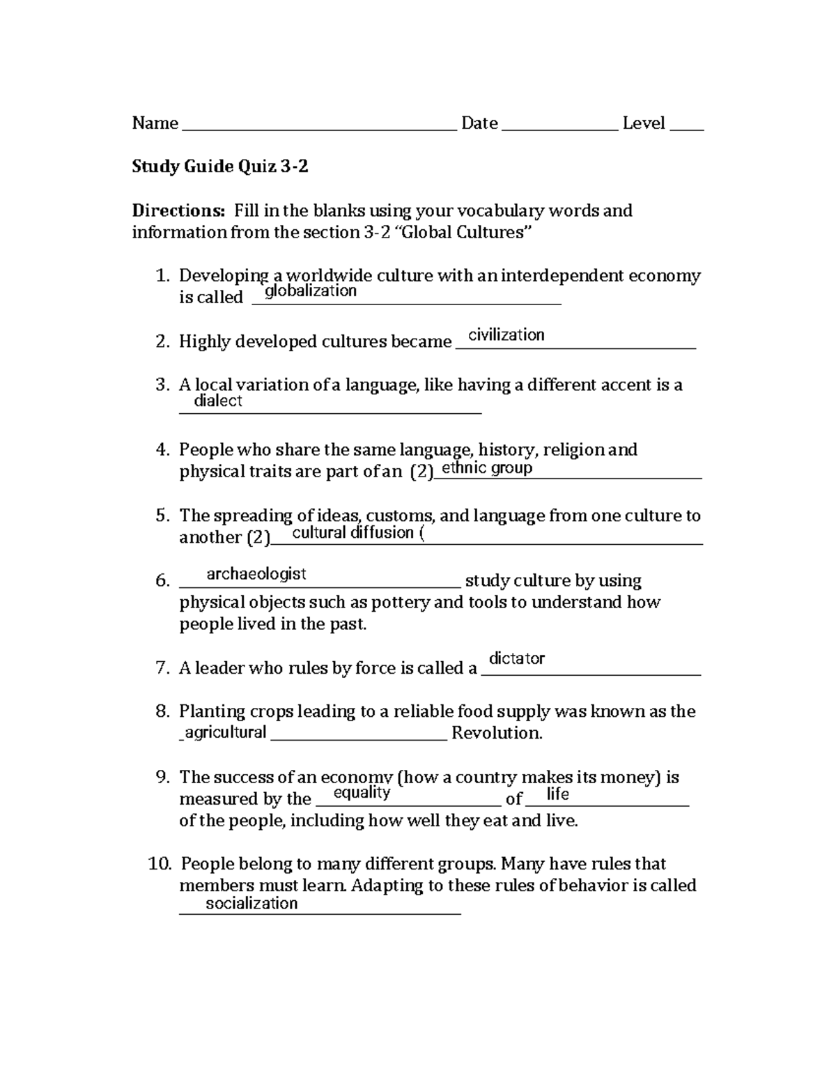Kami Export - Study guide global cultures - Name