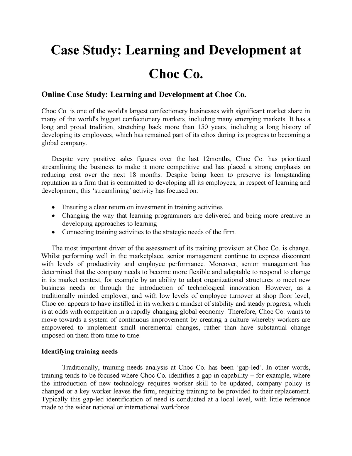 case study learning and development at choc co