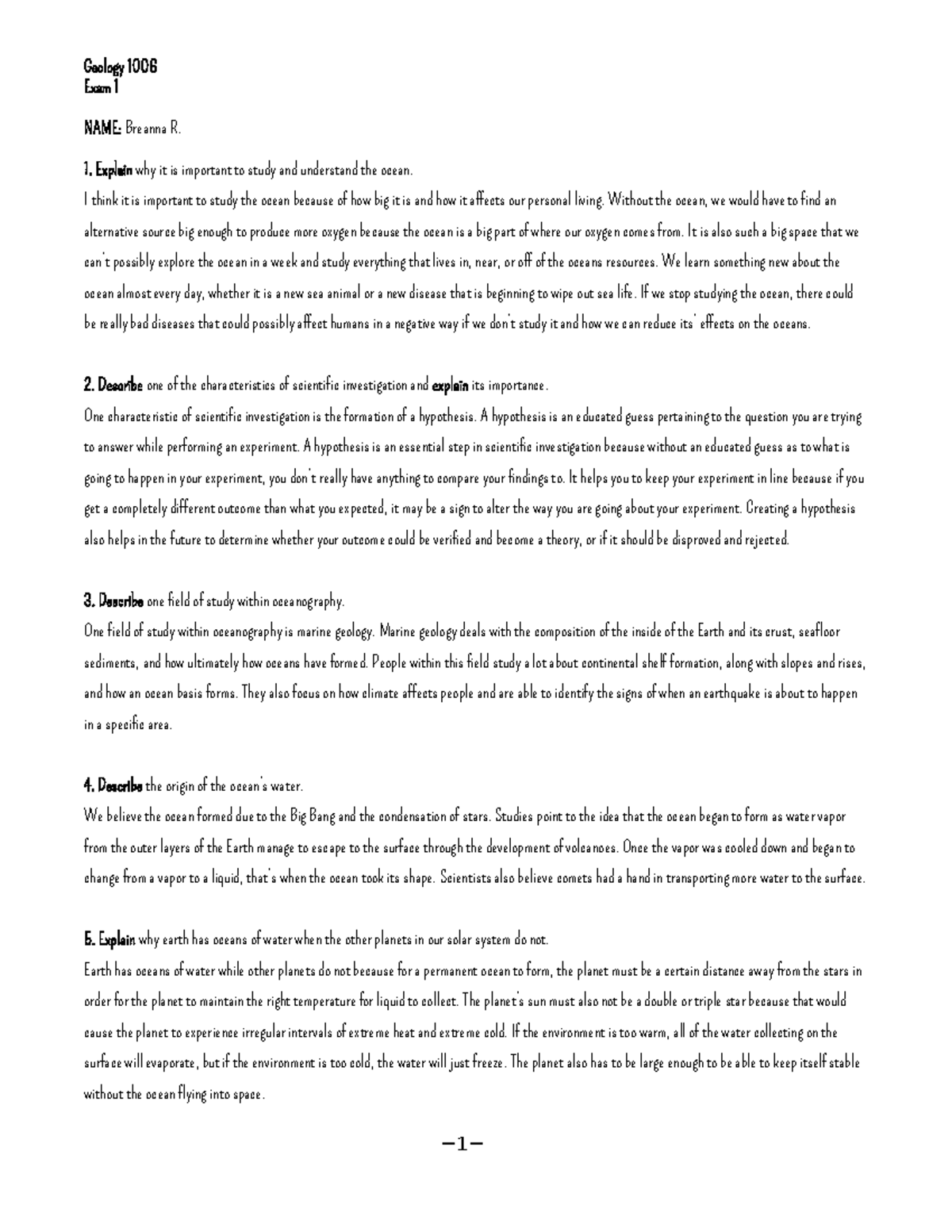 Exam one - oceanography practice test - Geology 1006 Exam 1 NAME ...