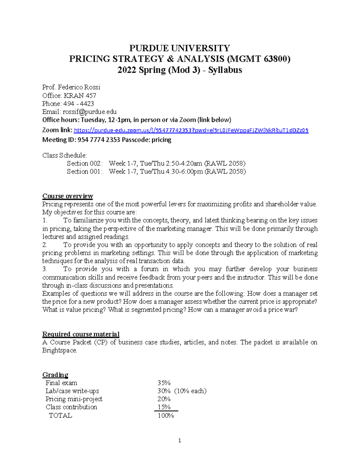 Syllabus 63800 11Jan PURDUE UNIVERSITY PRICING STRATEGY & ANALYSIS