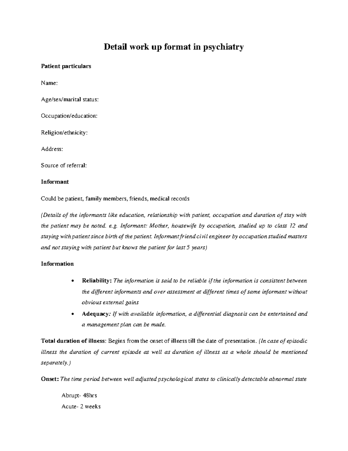 History and exam format Psychiatry Detail work up format in