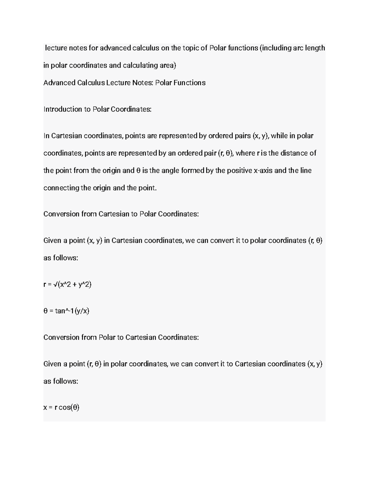 Lecture Notes For Advanced Calculus On The Topic Of Polar Functions ...