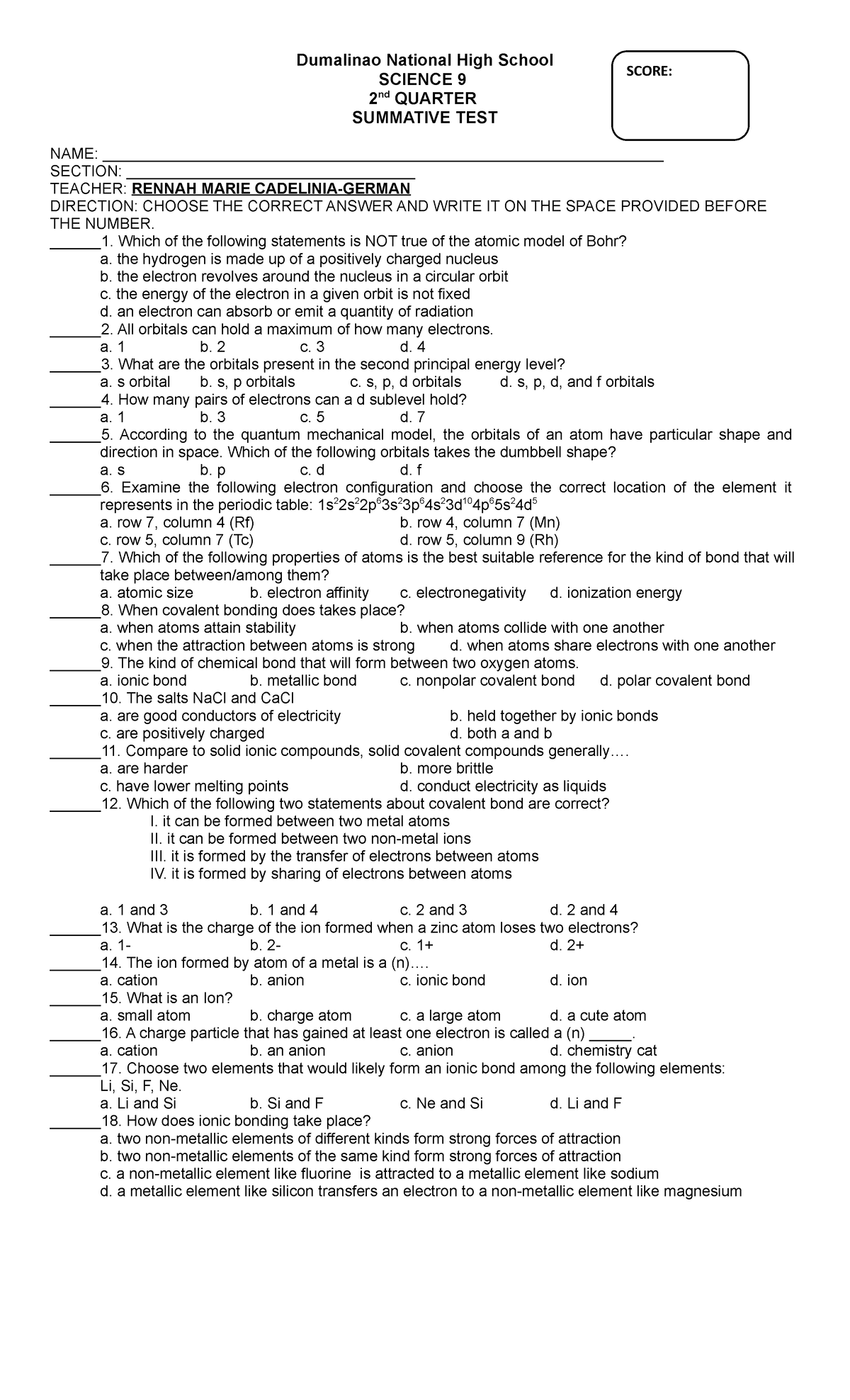 2nd Quarter Summative Science - Dumalinao National High School SCIENCE ...