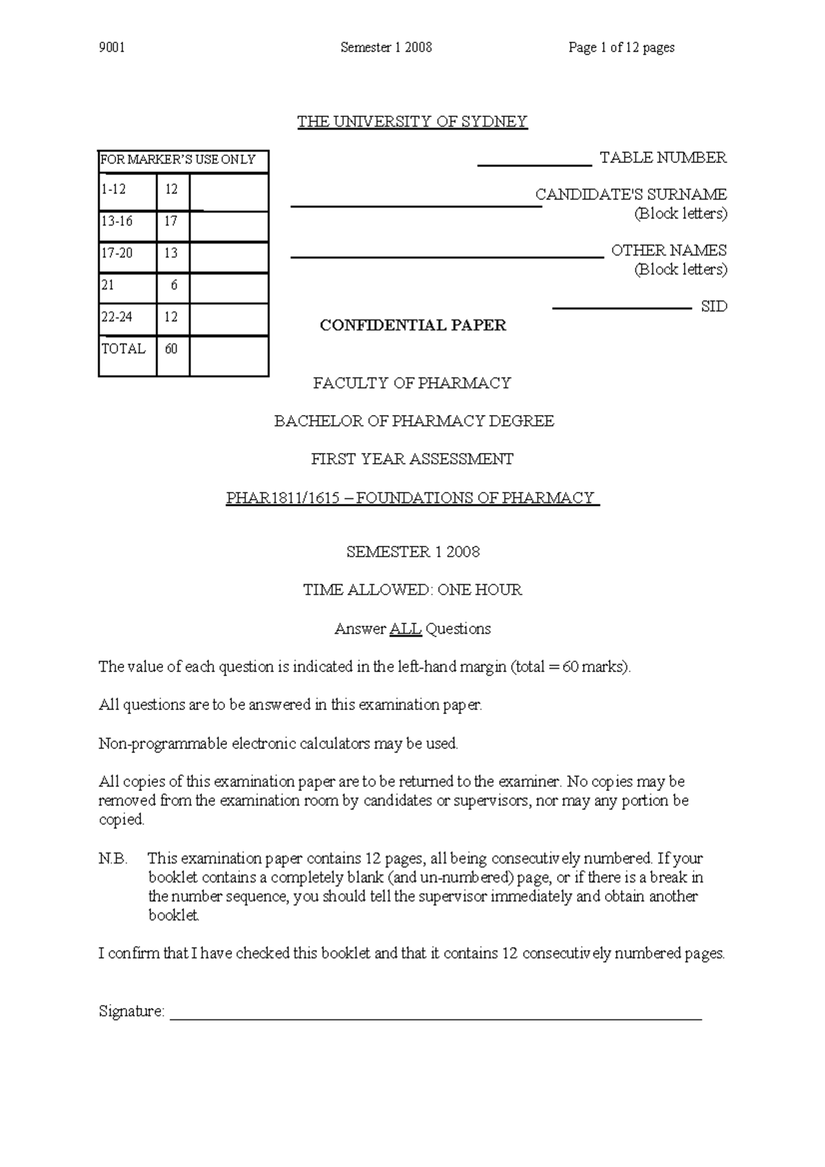 Ans1811 Past Paper (2008 ) - PHAR1811 - Foundations of Pharmacy - USyd