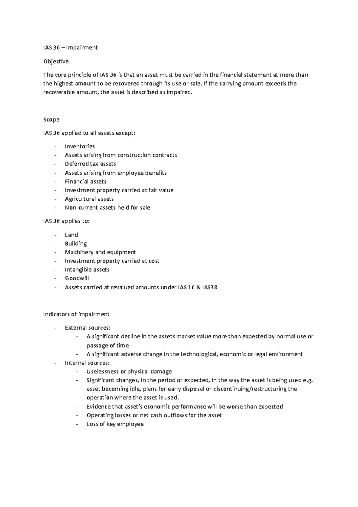 IAS 36 - Impairment - IAS 36 notes - IAS 36 – Impairment Objective The ...