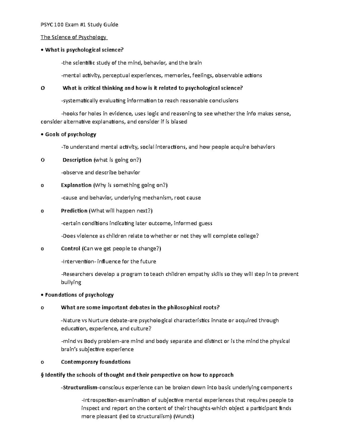 Exam 1 Study Guide - PSYC 100 Exam #1 Study Guide The Science of ...
