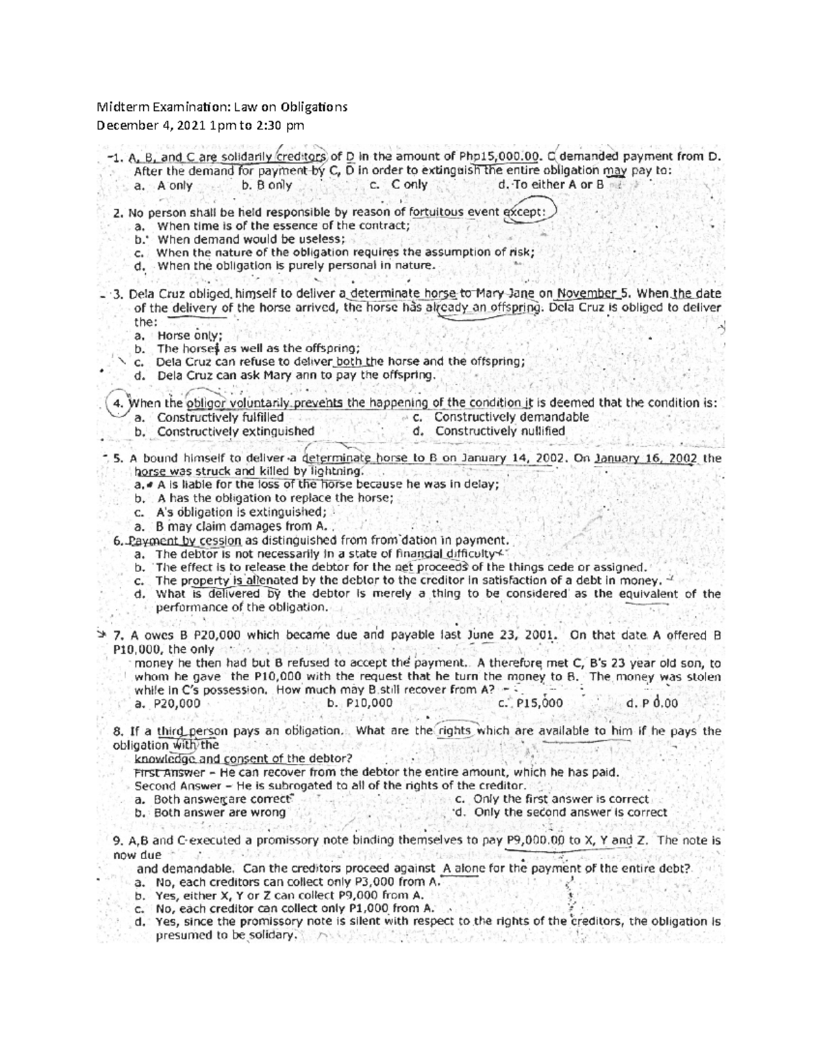 law on obligations and contracts midterm examination Midterm