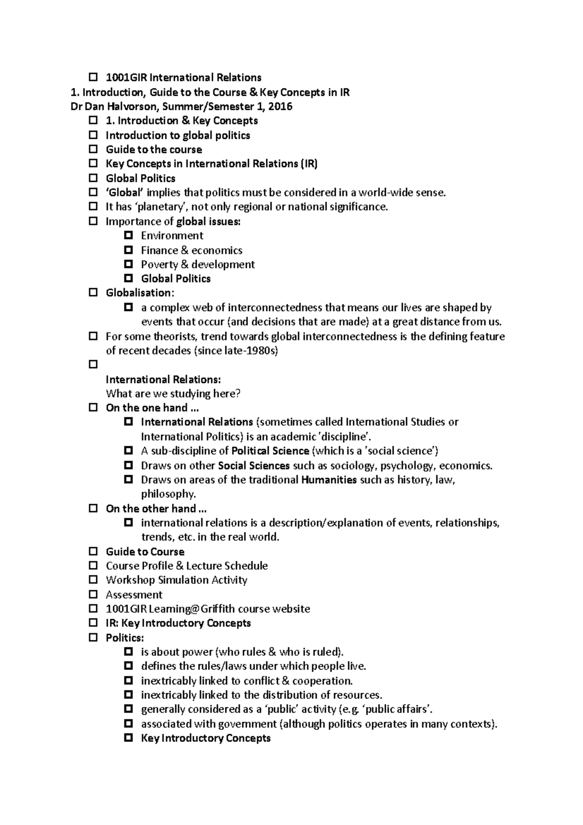 Lecture notes, lecture Week 1 - 1001GIR International Relations 1 ...