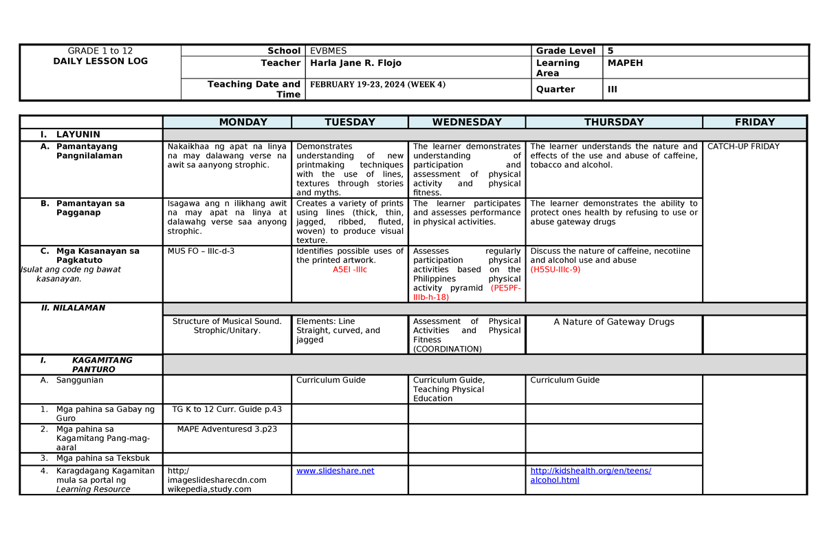 Grade 5 DLL Mapeh 5 Q3 Week 3 - GRADE 1 to 12 DAILY LESSON LOG School ...