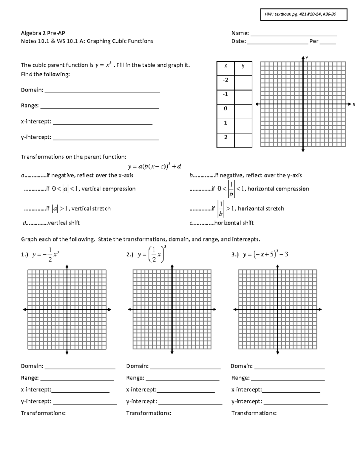 1-3-17 Notes and WS 10-1 A - y x Algebra 2 Pre-AP Name ...