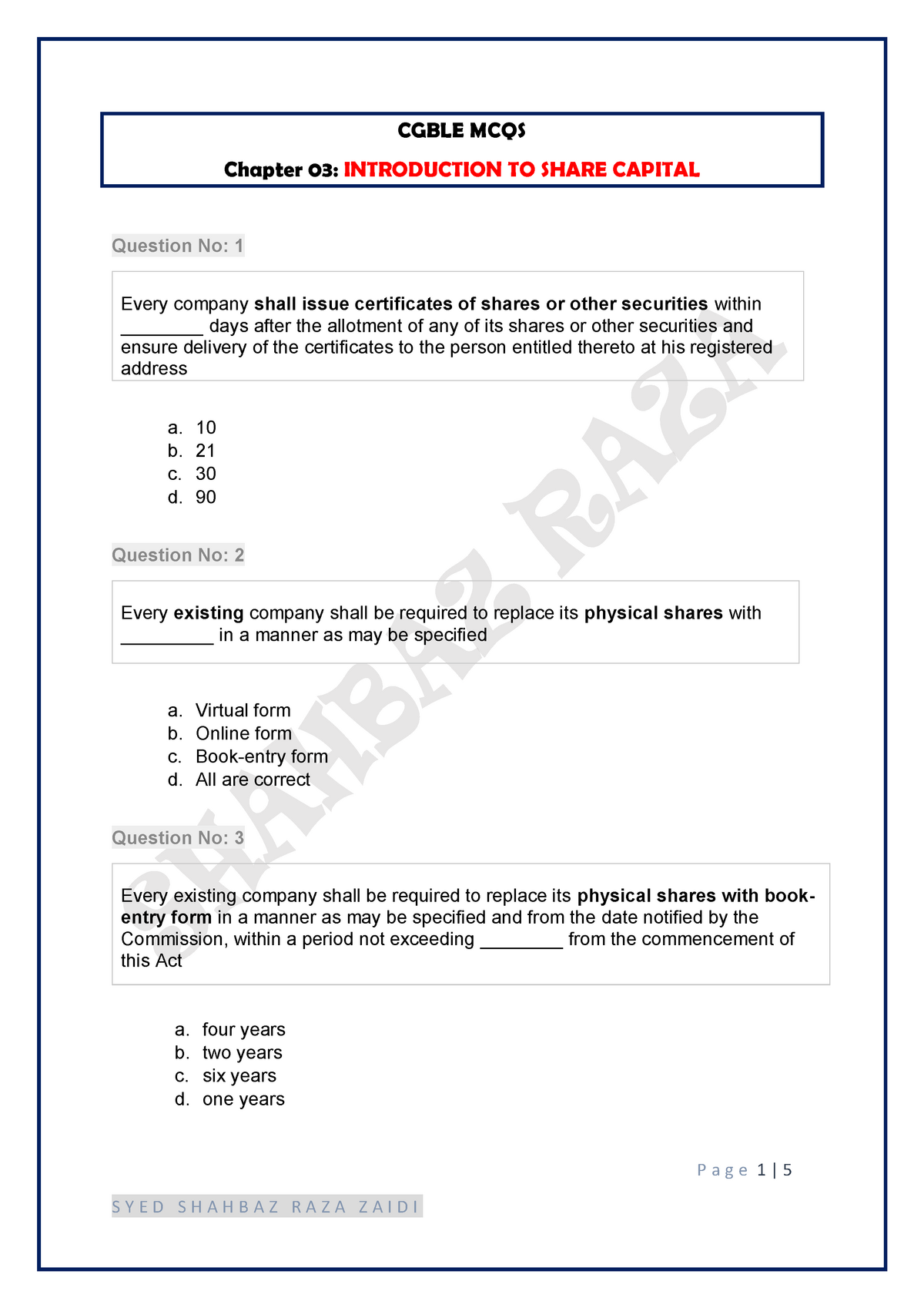 3- Share Capital - Lecture notes 2 - P a g e 1 | 5 CGBLE MCQS Chapter ...