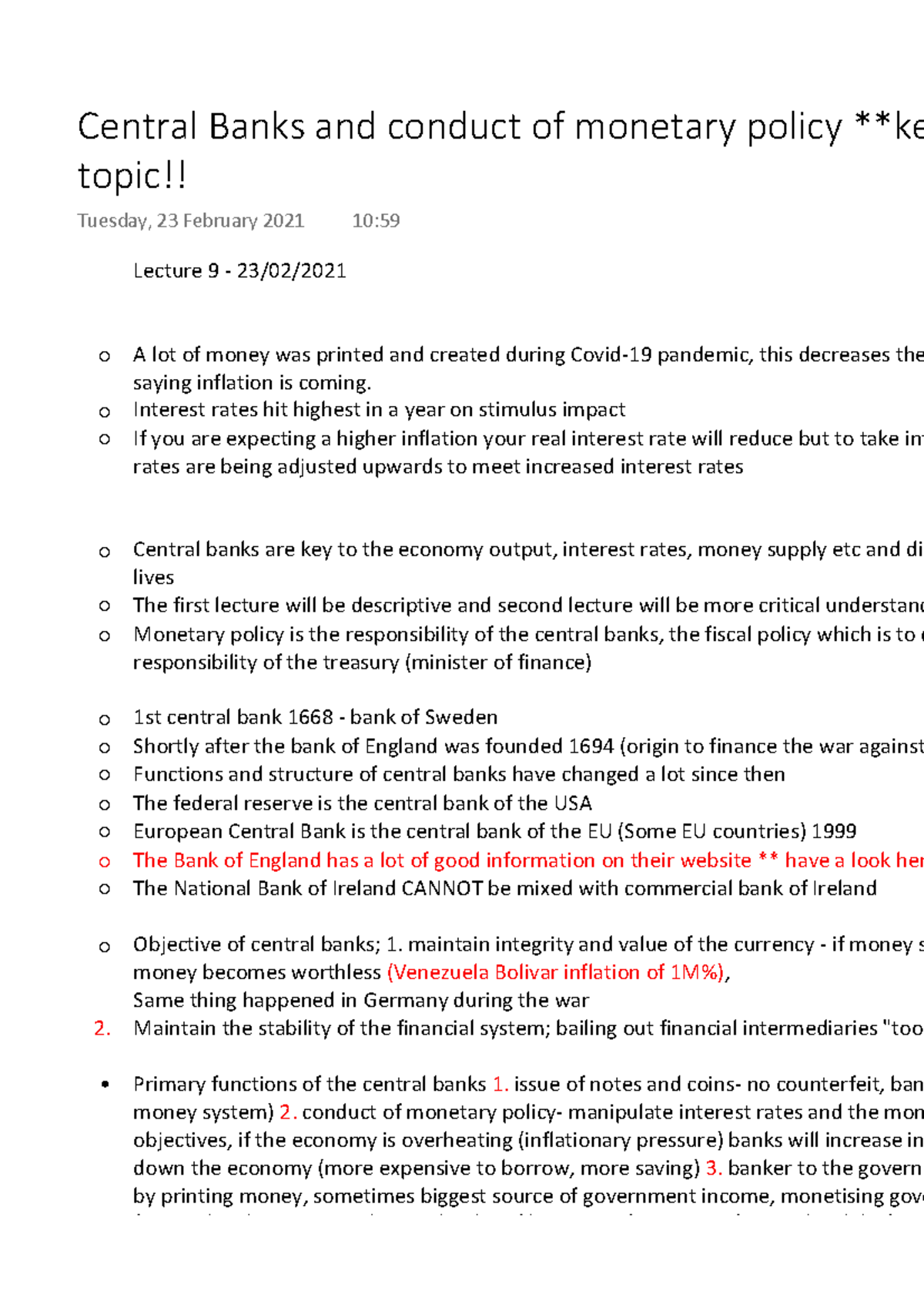 Central Banks and conduct of monetary policy key topic - Lecture 9 -23 ...