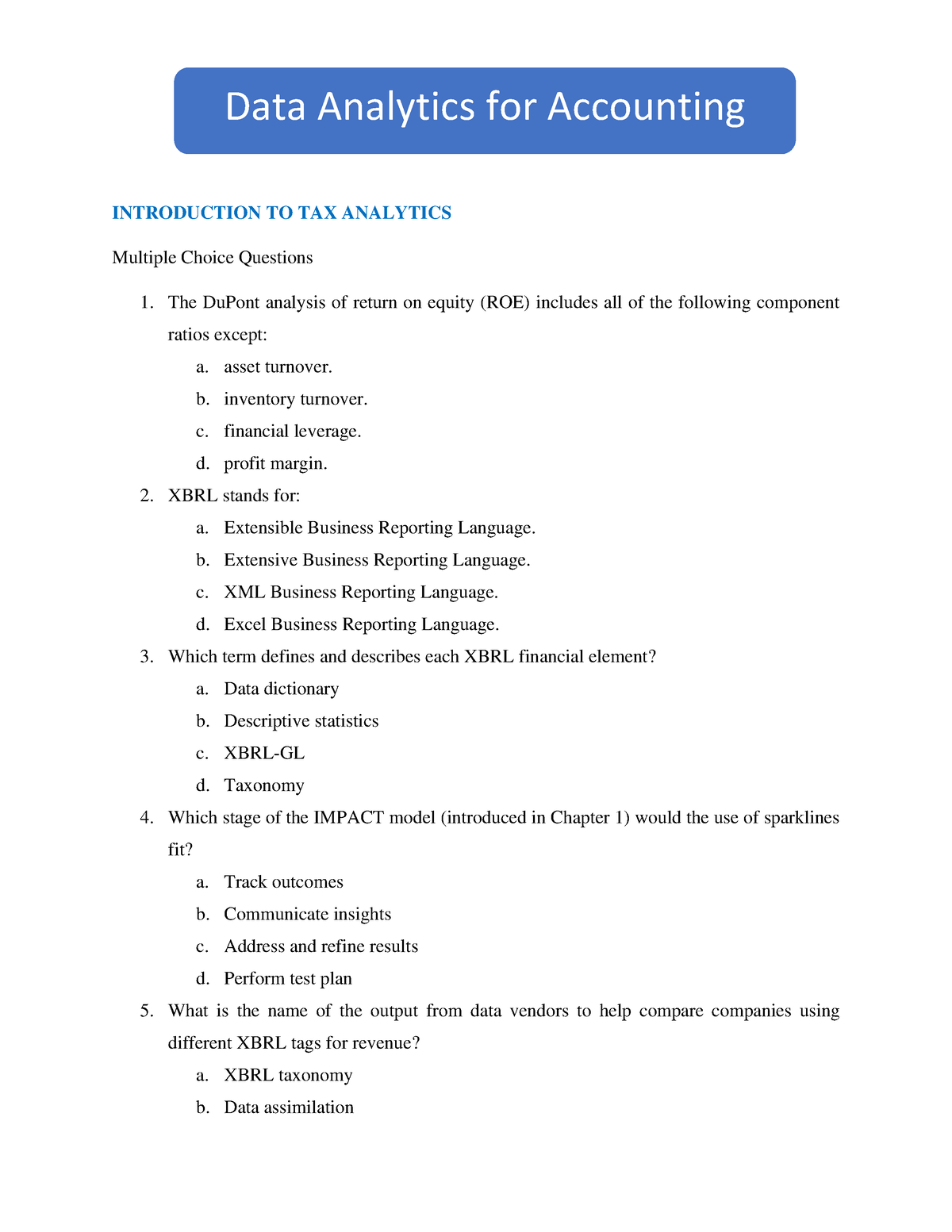 Chapter 8 Data Analytics For Accounting Multiple Choice And Exercise ...