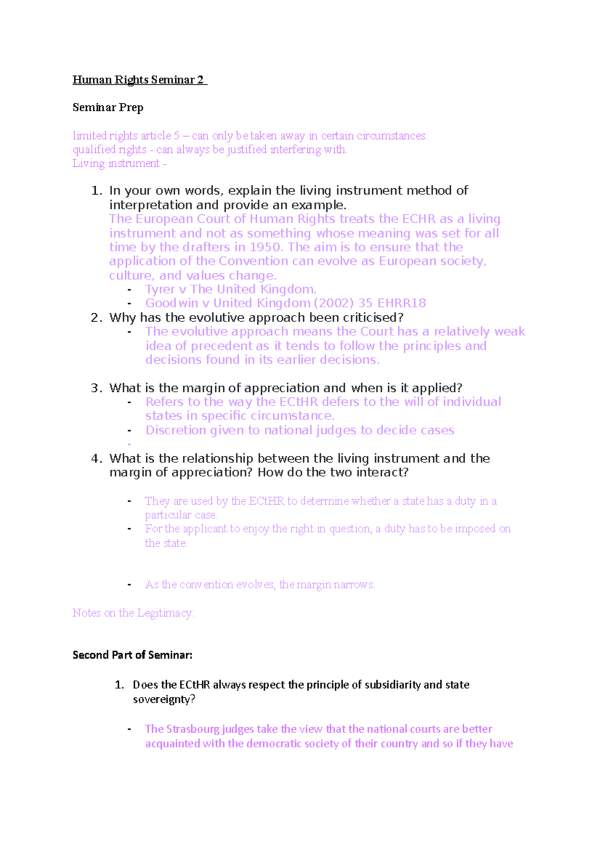 Human Rights Seminar 2 - Lecture notes 2 - Human Rights Seminar 2 ...