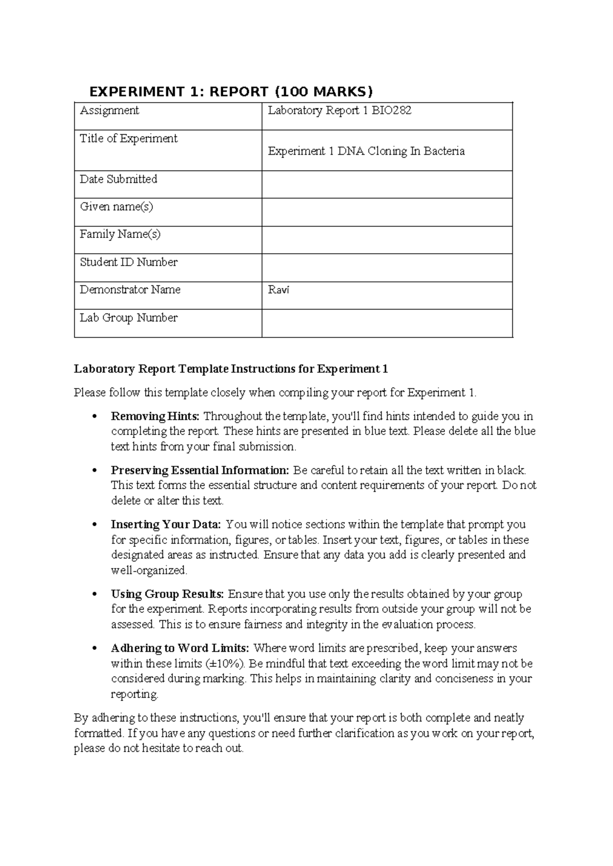 Experiment 1 Report 2024 - EXPERIMENT 1: REPORT (100 MARKS) Assignment ...