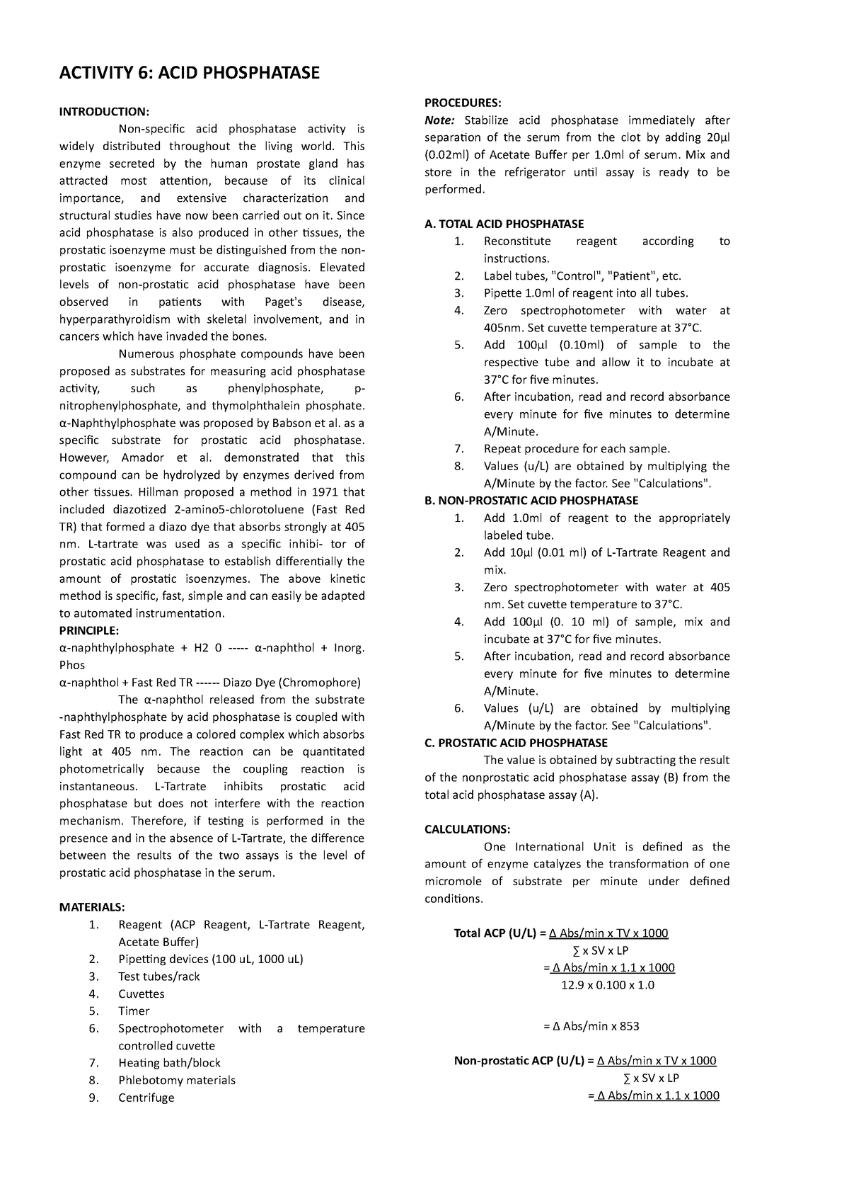 Activity 6 ACP - CC Lab - ACTIVITY 6: ACID PHOSPHATASE INTRODUCTION ...