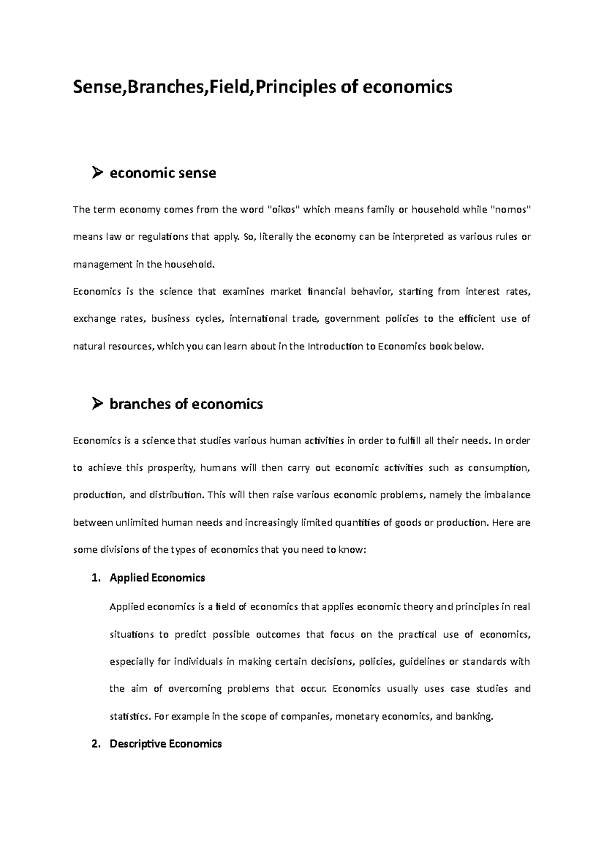 Sense,Branches,Field,Principles of economics - Sense,Branches,Field ...