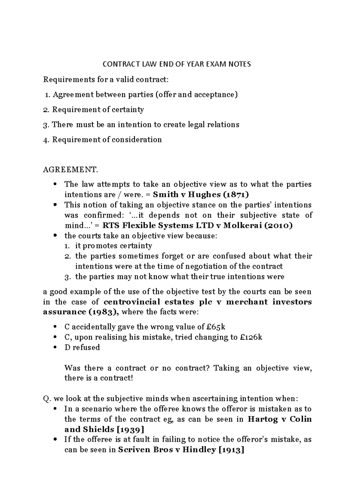 Contract law exam notes new - CONTRACT LAW END OF YEAR EXAM NOTES ...