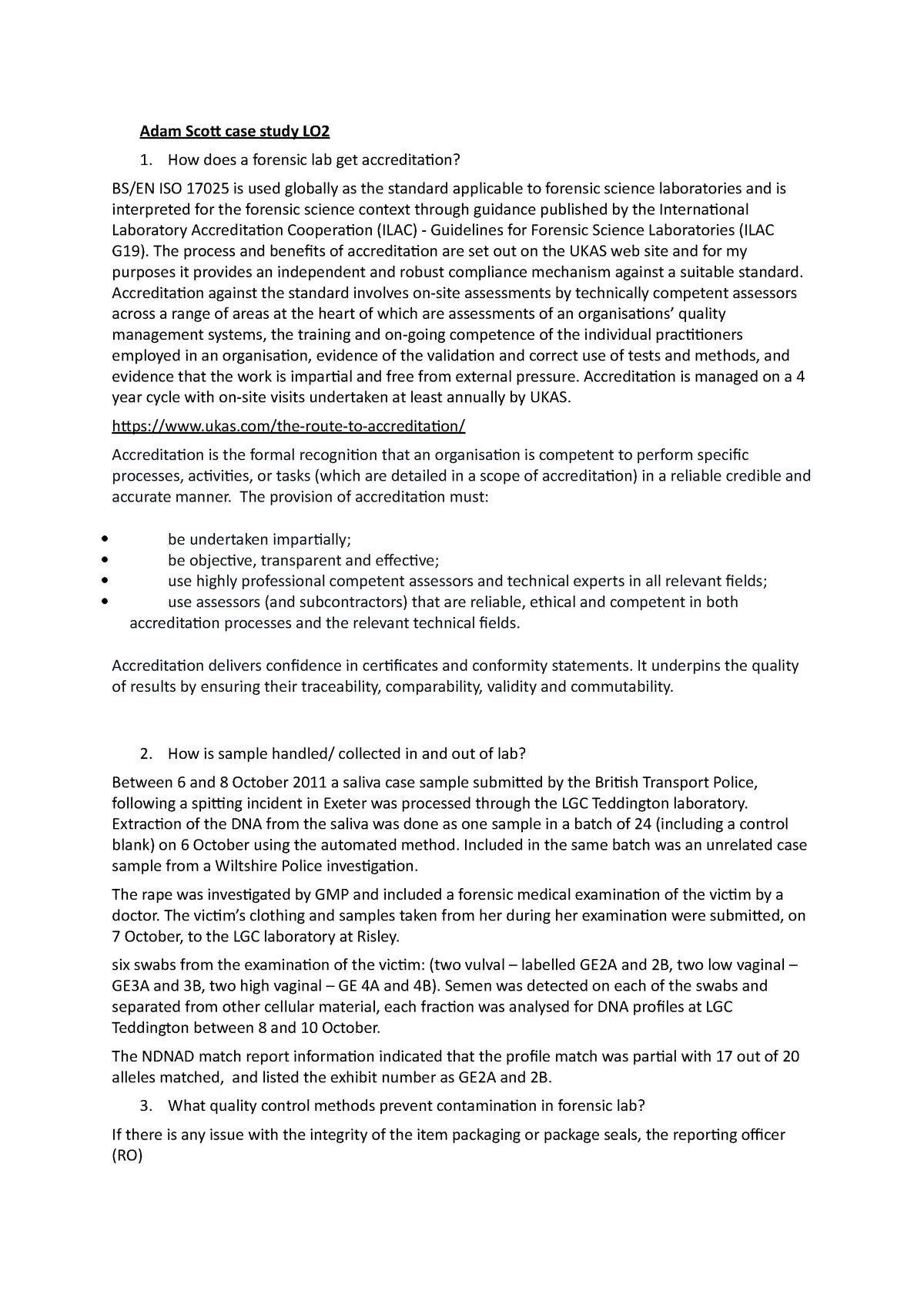 LO2 - LO2 - Adam Scott case study LO How does a forensic lab get ...
