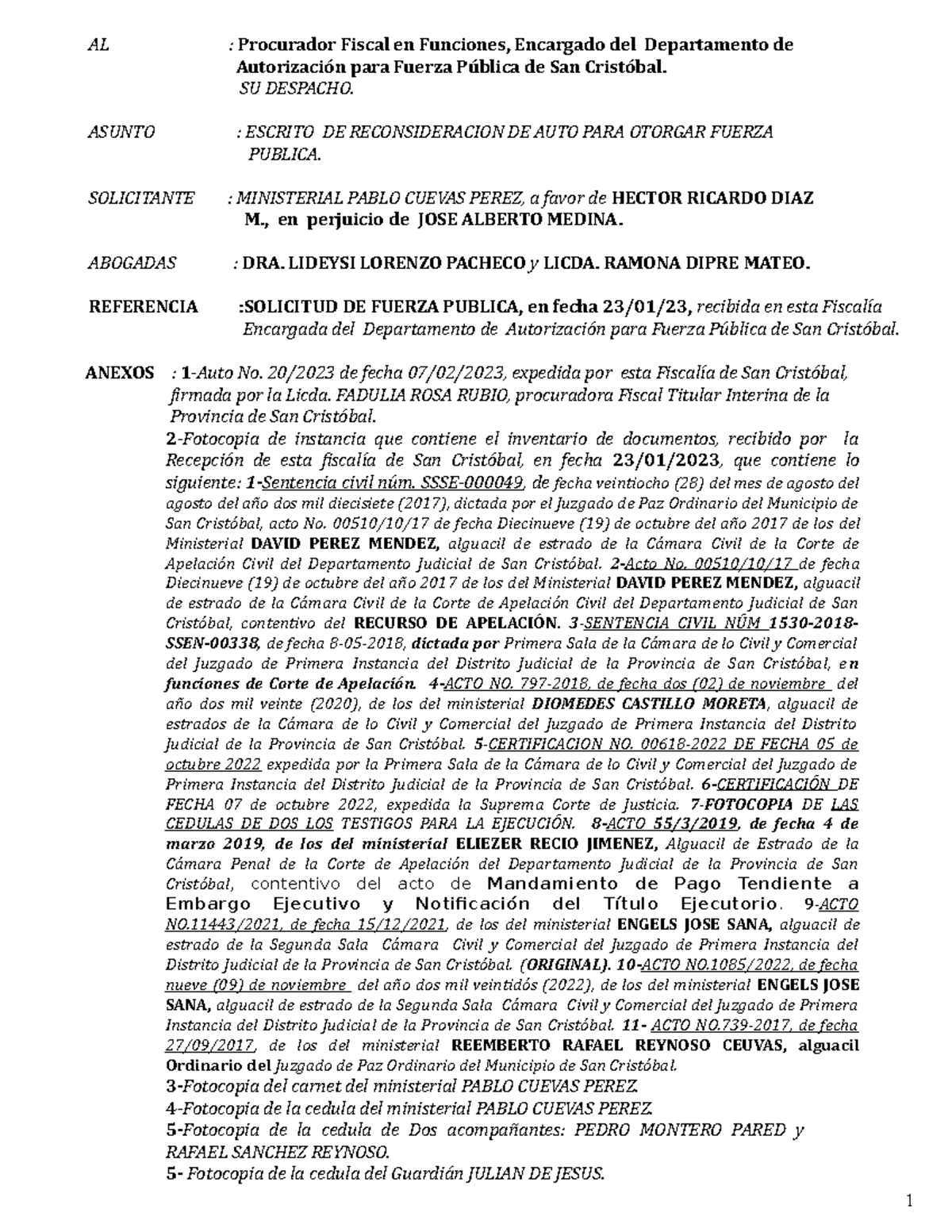 Solicitud De Fuerza Publica Ricardo Alberto Medina 2023 Al Procurador Fiscal En Funciones 5844