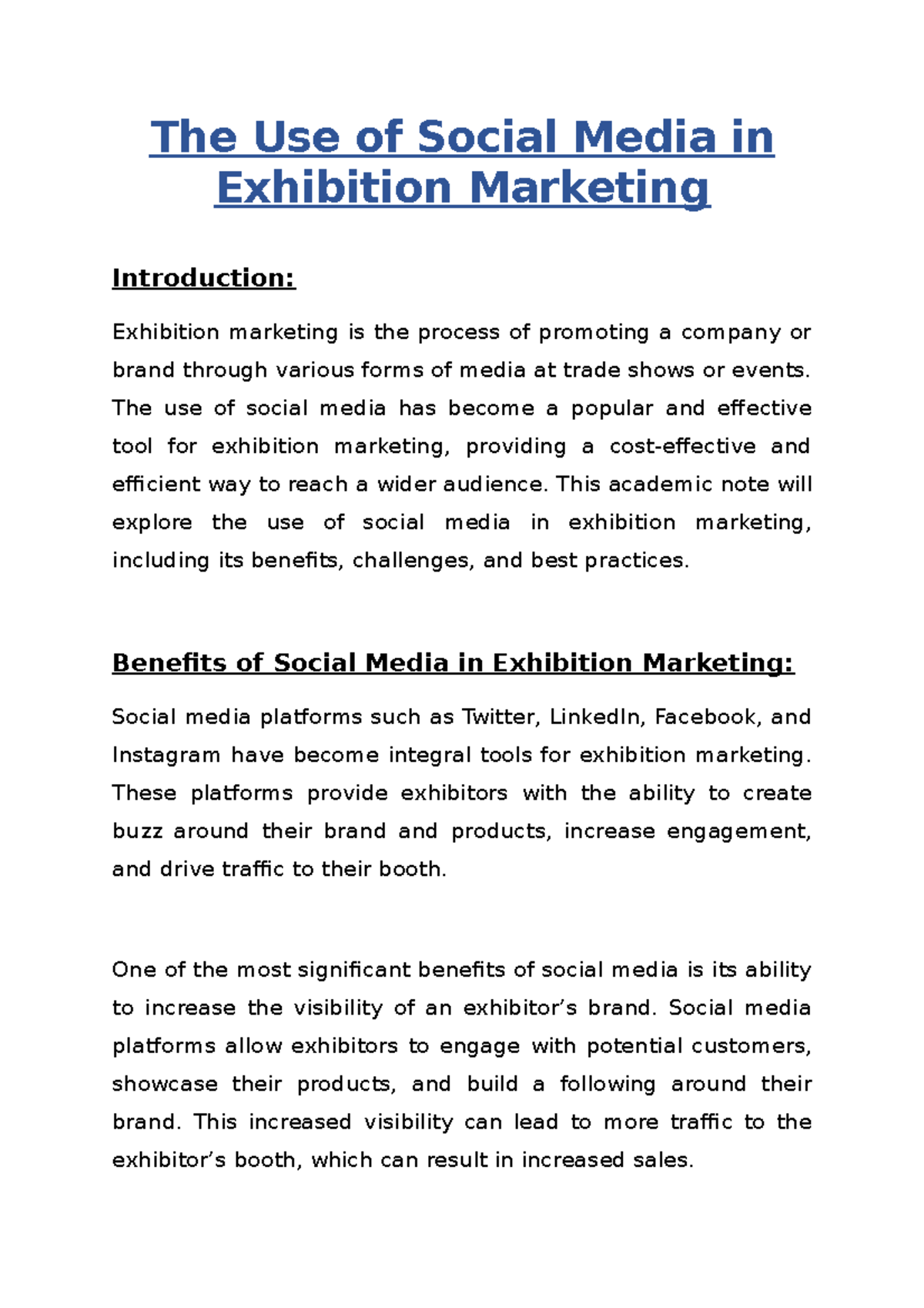 The Use Of Social Media In Exhibition Marketing - The Use Of Social 