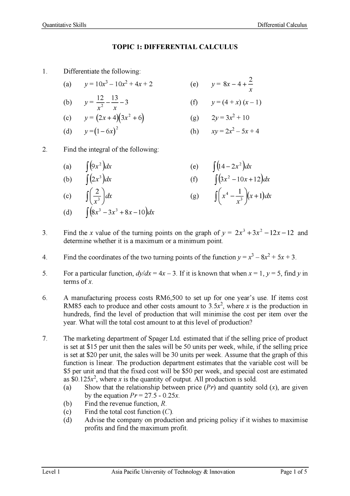 Tutorial 1(b) - Differential Calculus (with Answer) - TOPIC 1 ...