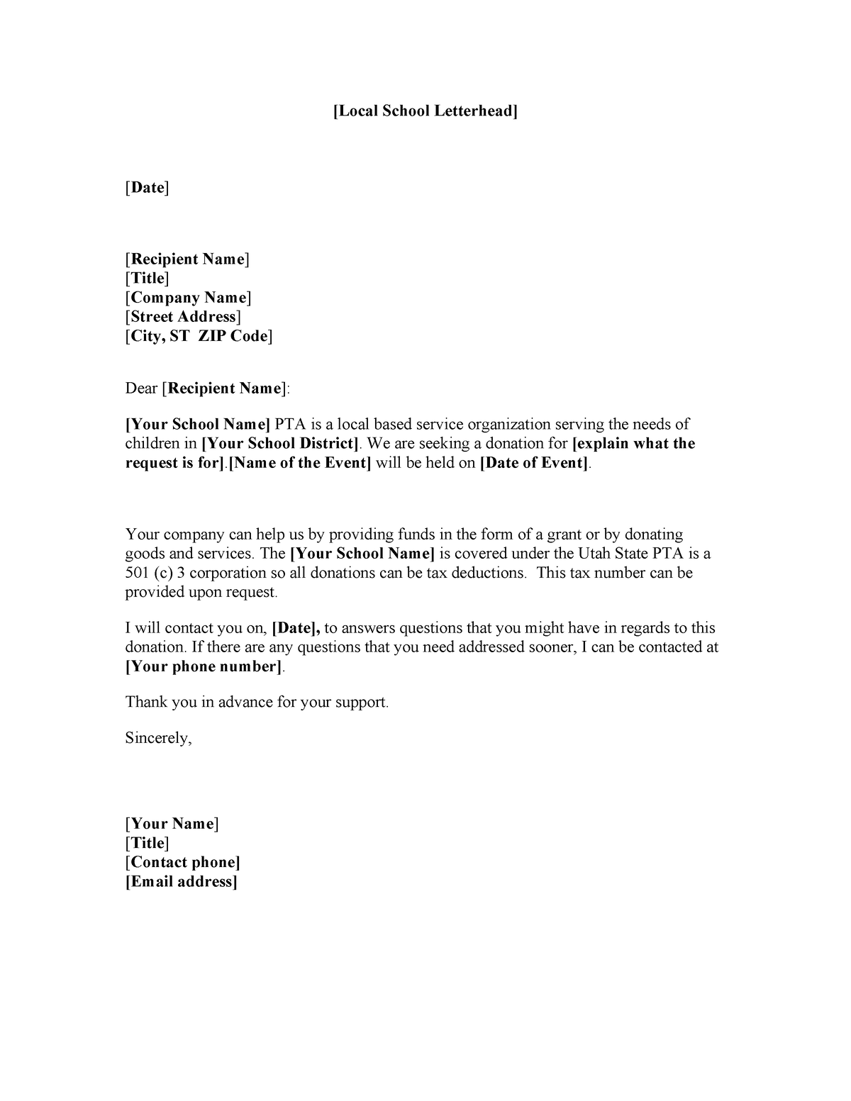 Sample Local Donation Request Letter - [Local School Letterhead] [Date ...