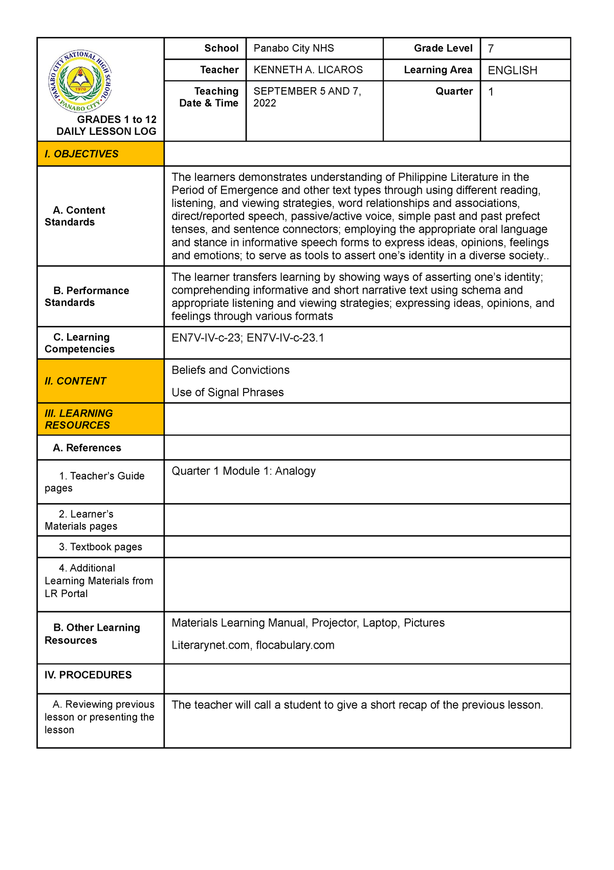 Quarter 1 Week 2 MELCS Based Lesson Plan GRADES 1 To 12 DAILY 