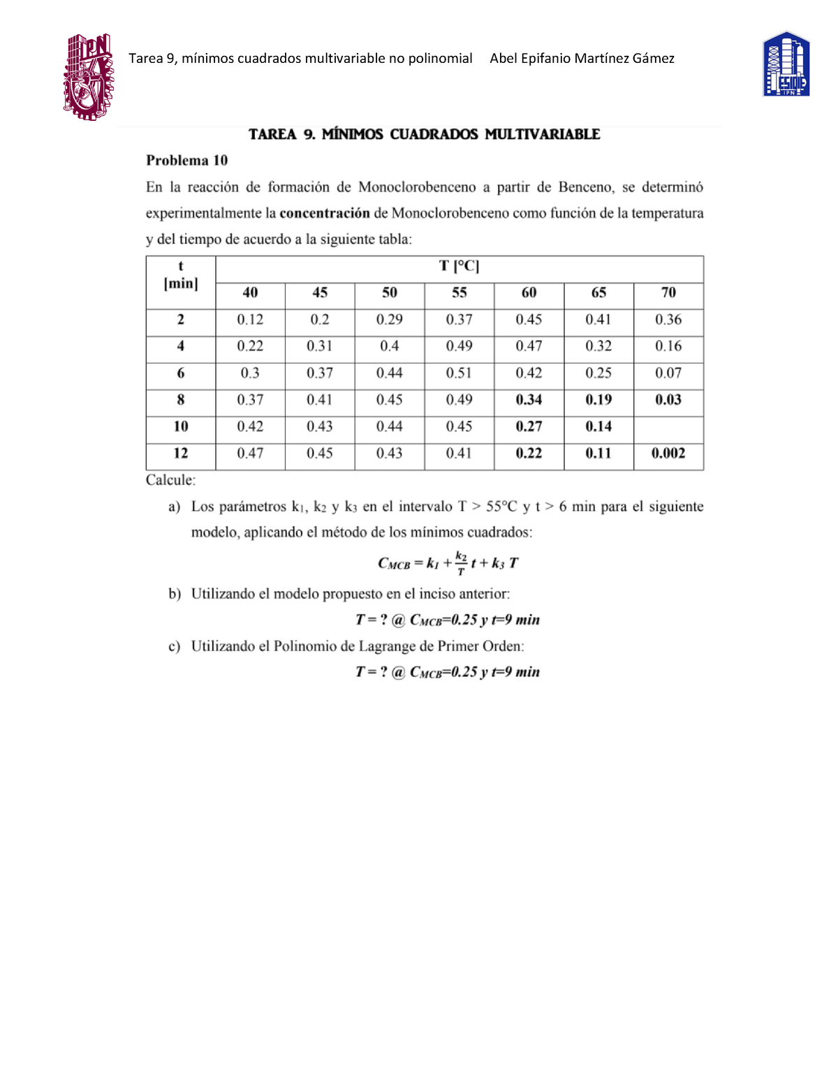 Tarea 9 Métodos Numéricos Mínimos Cuadrados Por Similitud 𝐶 𝑀𝐶𝐵 𝑦 𝐾 1 𝑎 0 𝐾 2 𝑎 1 𝑡 𝑇