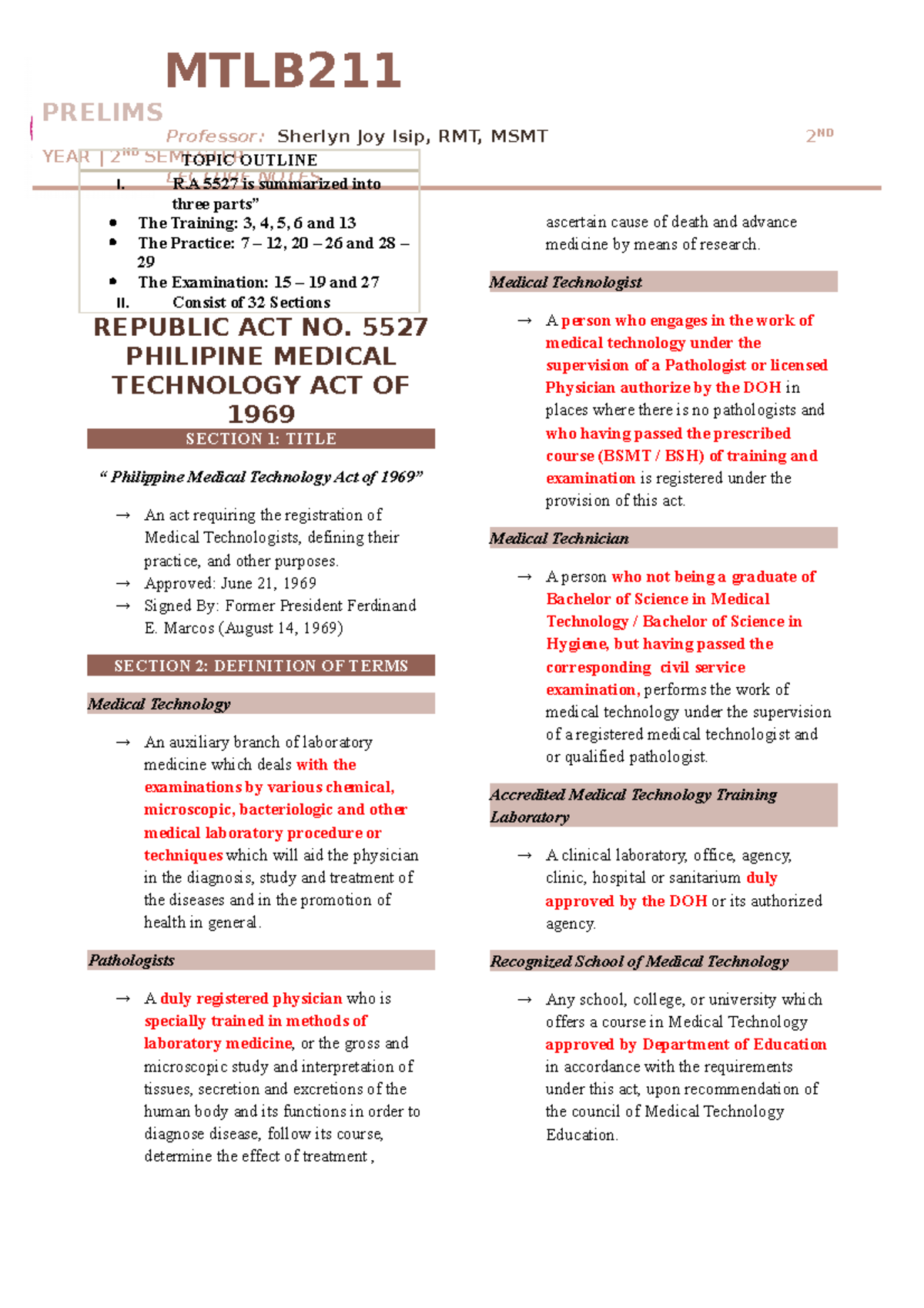 LAWS AND Bioethics Lecture notes 13 MTLB PRELIMS Professor