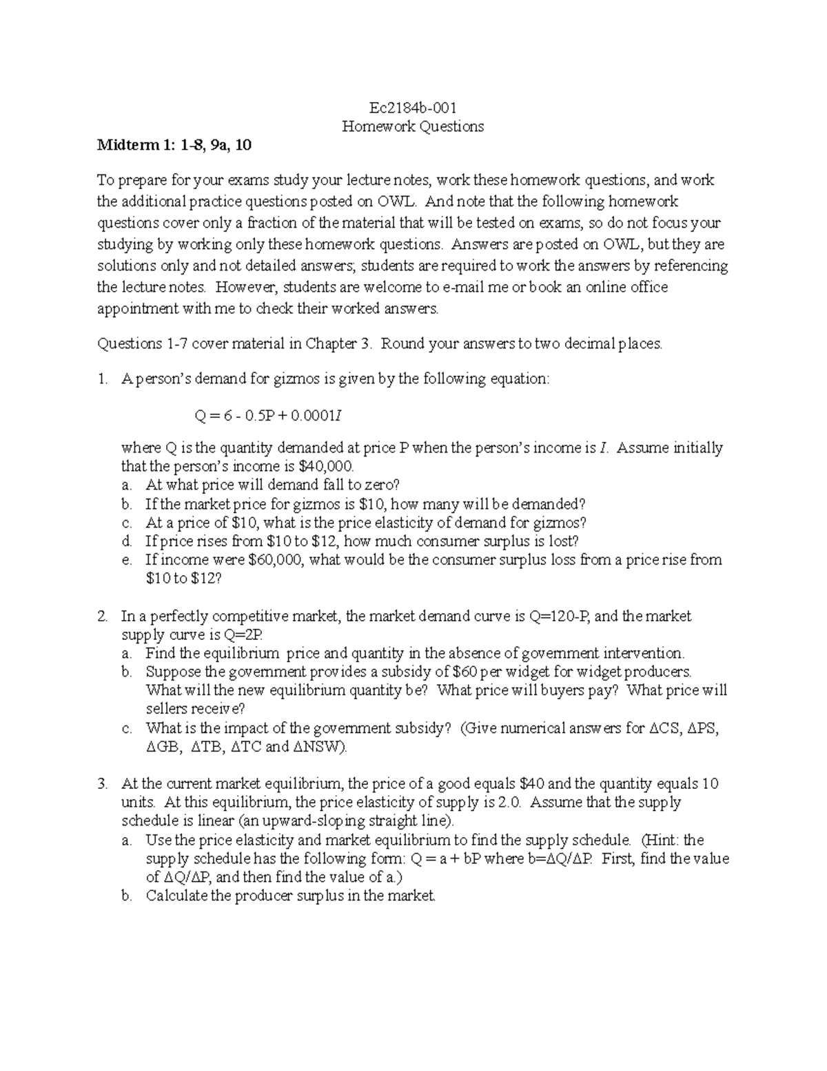 Homework Questions - Ec2184b- Homework Questions Midterm 1: 1-8, 9a, 10 ...