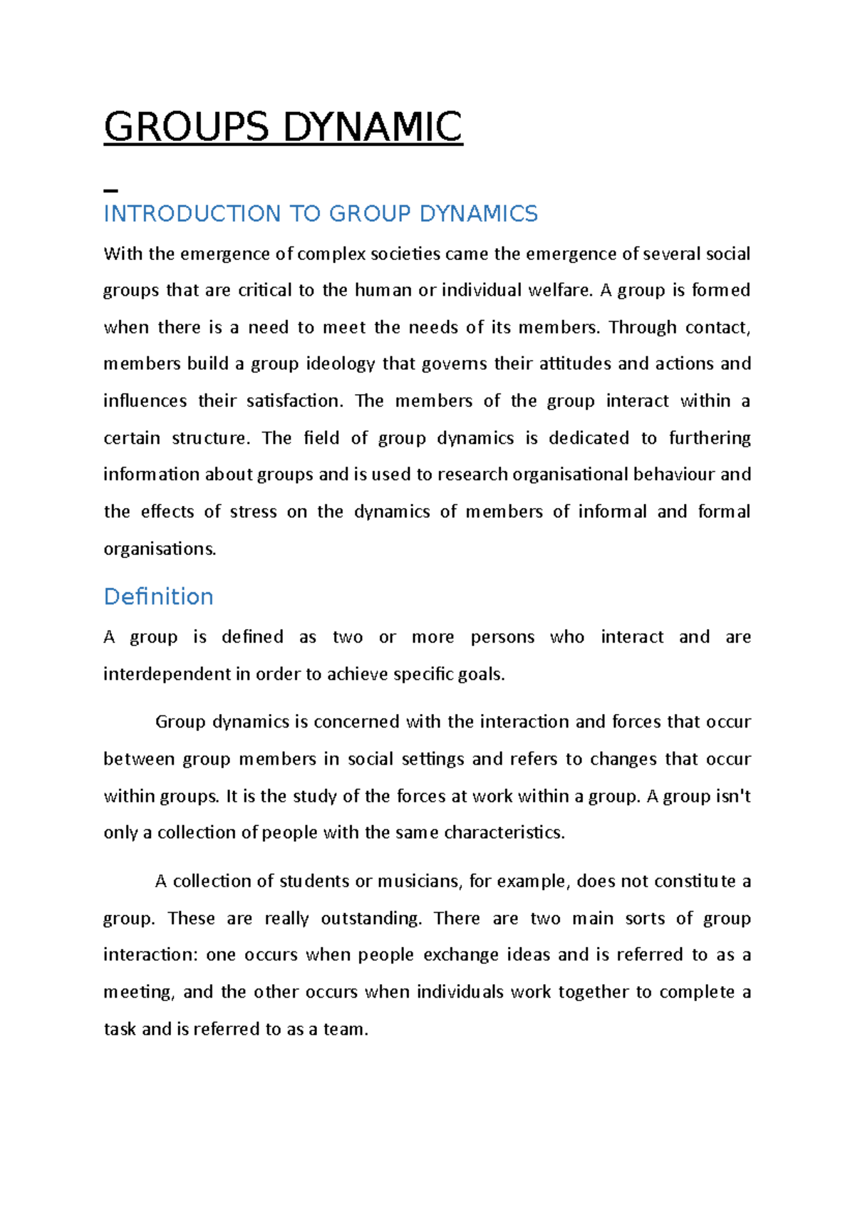 Groups Dynamic - Lecture notes 10 - GROUPS DYNAMIC INTRODUCTION TO ...