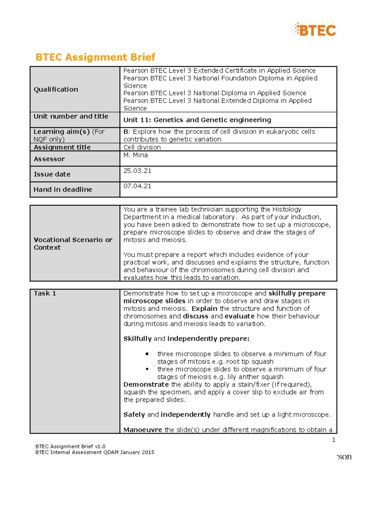 Cell Division, Genetic Variation - BTEC Assignment Brief Qualification ...