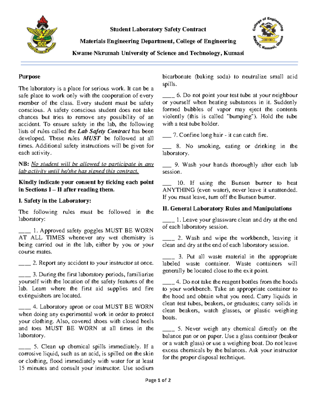 Lab SafeLabty Conract edited - Page 1 of 2 Student Laboratory Safety ...