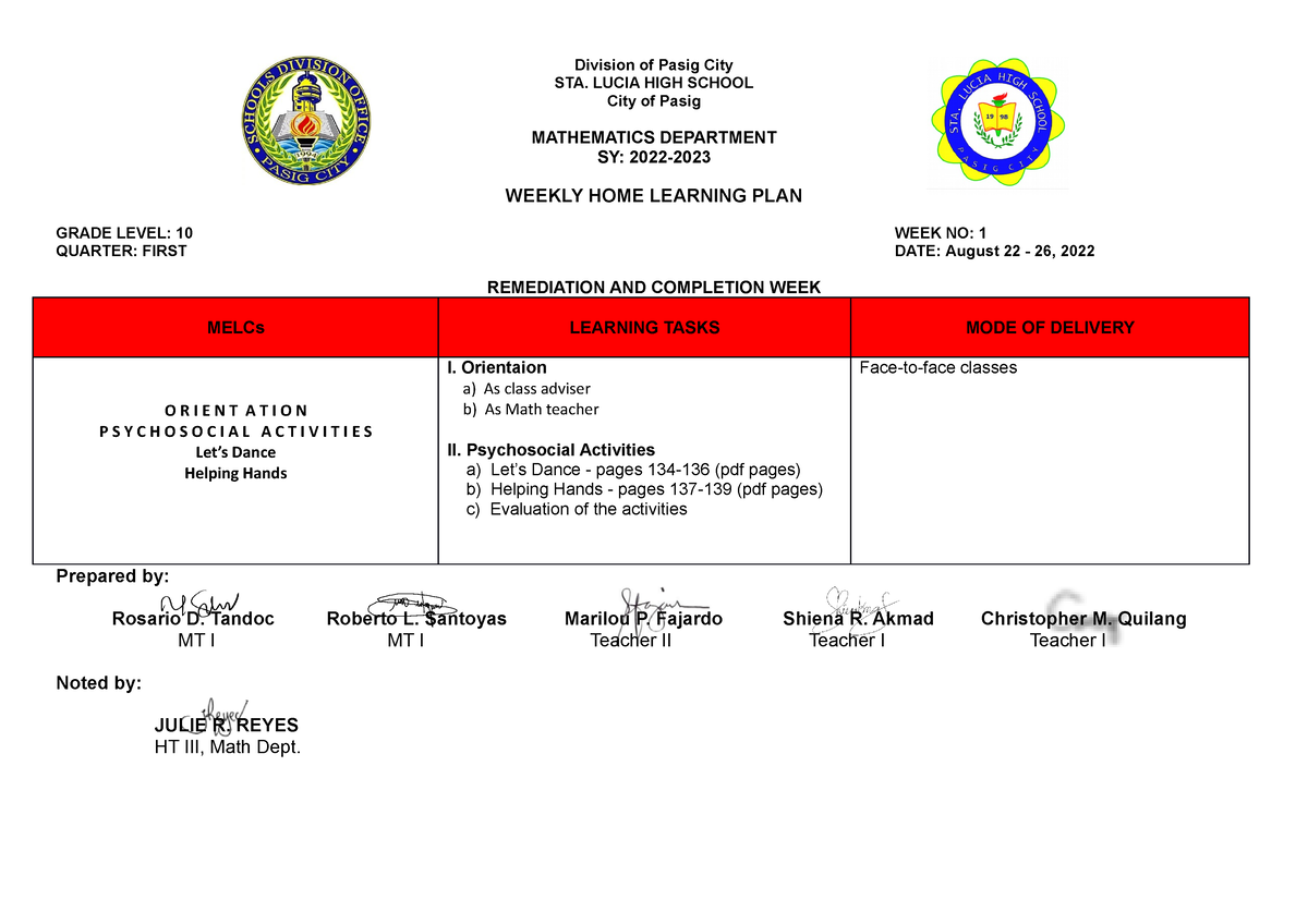 1st Week MATH WLHP Q1 - weekly home learning plan - Division of Pasig ...